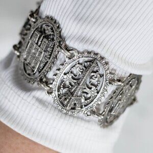 Vintage Paris France Souvenir Filigree Bracelet With Eiffel Tower Dangle Charm